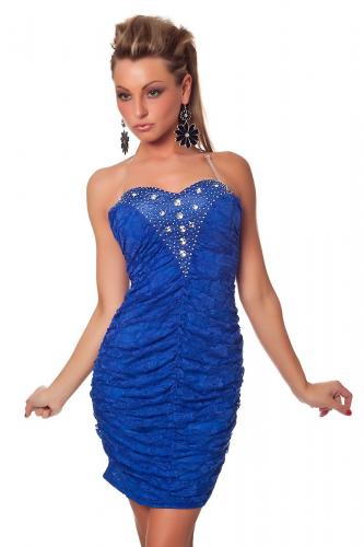Синее гофрированное платье с кружевом - купить 