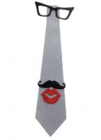 Карнавальный галстук очки, усы и губы серебро